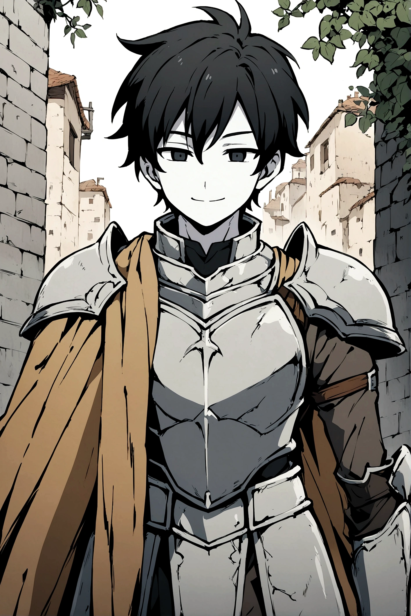 Anime drawing style of a black haired effeminate boy with pale skin and black eyes wearing gray armor with brown cloth while having an innocent smile