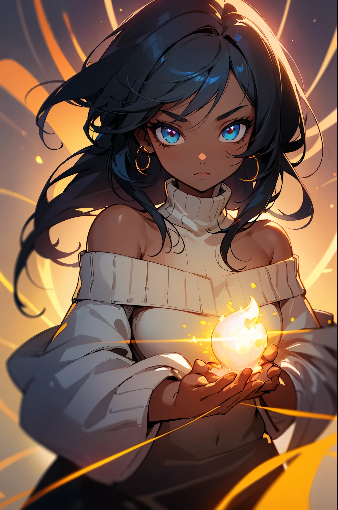 Upper body shot, ((beautiful black woman with flawless dark skin)), long hair with gradient glow, flare, electric colors, clearly defined facial features, big detailed eyes, ((( wearing an off the shoulder sweater))) glowing flowers in the background, masterpiece, best high quality image,96k, uhd, depth of field, 1080P wallpaper, spotlight, character focus, high quality, insanely detailed, UHD picture quality in the style of Amy Sol