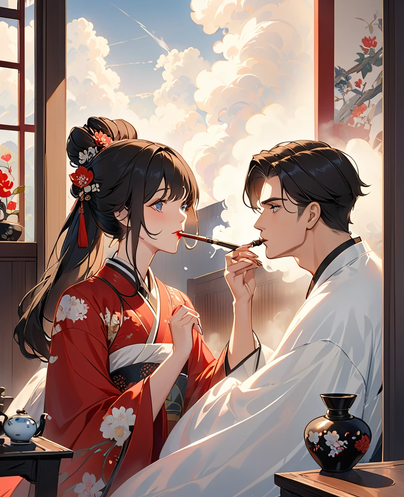 Hotel room。A man is making a young woman in a Chinese dress smoke opium with a pipe.。The man had a pipe in his hand.、He was pressing a pipe to her lips.、White smoke is rising from the woman's mouth。This young woman was so overwhelmed with pleasure、Supported by a man。She was drunk、I'm losing consciousness。She smokes opium at the man's command。This young woman was undressed、Skin is translucent white、Her breasts are about a C cup.。The young woman is facing the viewer、A man is holding a woman from behind