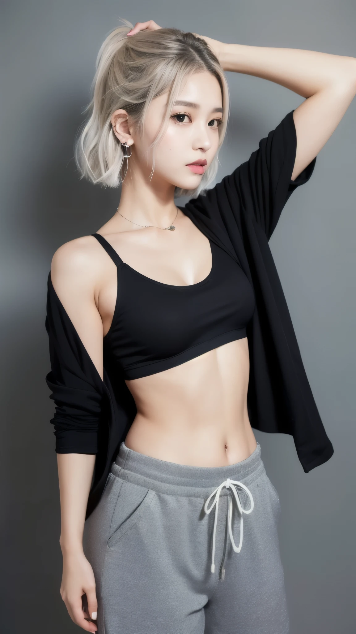 (8K, Photorealistic, Raw photo, Highest quality: 1.4),Japanese idol-style beautiful girl,model,1 person,18-year-old,(Short Bob),(Silver Hair :1.2),She has her hair tucked behind her ears,Clear grey eyes,Long eyelashes,(piercings(small)),(Lip gloss),lips(Plump,glossy),thin long neck,(Micro T-shirt((Perfect for the skin),(Black),(Short length that shows the navel))),(Layer a sheer black jacket),(Wide leg pants((Sweat fabric),(Length that covers the instep))),pumps,Full body portrait