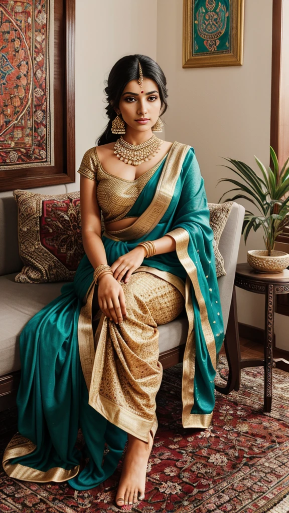 a woman sitting in a chair in a room with a rug, traditional beauty, indian style, a beautiful artwork illustration, beautiful character painting, eastern art style, stunning art style, wearing gorgeous clothing, wearing beautiful clothes, gorgeous woman, beautiful drawing style, dressed in a sari, indian goddess, beautiful illustration, hindu aesthetic, in style of digital illustration
