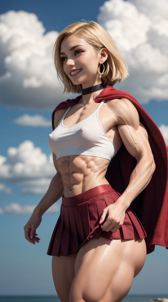 (Muscular:2), (thick thighs:2),
(blonde female:1.3), supergirl, (big smile:1.4), (android 18 haircut),
earrings, lipstick, eyeshadow,
(hard :1.2),
(small red cape:1.3), (pleated skirt:1.6), (tanktop, midriff:1.2), choker,
(looking at viewer:1.6), (three quarter view), (upper body view:1.9), lowlegp,
(floating in midair, sky and clouds background:1.3), rim lighting, two tone lighting, dim lighting, bokeh, detailed skin, detailed eyes