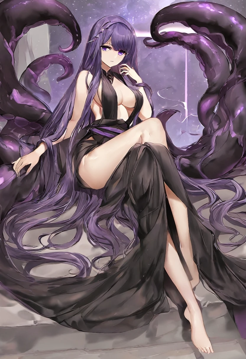 Athena，Extra long purple hair，Purple Eyes，Wearing black silk，Purple long skirt，Black long skirt，But the long skirt is very sexy and revealing，There is no decoration on the head，barefoot，sit down，The limbs are tied by tentacles，Inserted by tentacles，A black hole in the universe，，Purple and black black hole