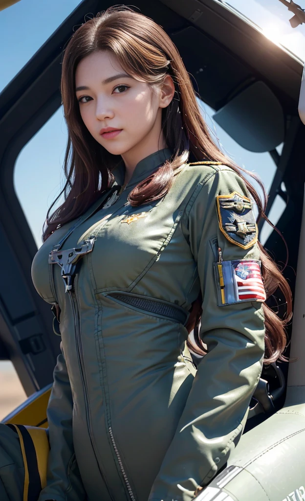 (best quality, 8K, 32k, masterpiece, Ultra HD:1.2), (Practical:1.5), (masterpiece, Extremely detailed CG unity 8K wallpaper, best quality, high resolution:1.2), (Extremely detailed, Ultra HD:1.2), Photo of extremely cute and beautiful Japanese Miss, (Maroon with long wavy hair:1.2), aldult, (Beautiful Korean girl:1.4), best quality,high resolution， Miss, aldult, (U.S. Air Force pilot details:1.5), (Military green pilot suit:1.3),Detailed clothes, (Complex and advanced helicopter cockpit as background:1.3), （Beautiful woman sitting in the cockpit and controlling the plane）, A faint smile, Looking at the audience, For the audience, ((Perfect female body)), (Willow Waist:1.2), (Upper body pictures:1.3), slim, Abdominal muscles, (Big breasts:1.25), ((Frame the head)), wind, Dynamic poses, light, Backlight, Perfect anatomical structure, Perfect proportion, Detailed human body, Bokeh, Depth of Field,