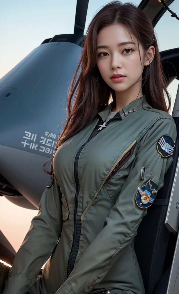 (best quality, 8K, 32k, masterpiece, Ultra HD:1.2), (Practical:1.5), (masterpiece, Extremely detailed CG unity 8K wallpaper, best quality, high resolution:1.2), (Extremely detailed, Ultra HD:1.2), Photo of extremely cute and beautiful Japanese Miss, (Maroon with long wavy hair:1.2), aldult, (Beautiful Korean girl:1.4), best quality,high resolution， Miss, aldult, (U.S. Air Force pilot details:1.5), (Military green pilot suit:1.3),Detailed clothes, (Complex and advanced helicopter cockpit as background:1.3), （Beautiful woman sitting in the cockpit and controlling the plane）, A faint smile, Looking at the audience, For the audience, ((Perfect female body)), (Willow Waist:1.2), (Upper body pictures:1.3), slim, Abdominal muscles, (Big breasts:1.25), ((Frame the head)), wind, Dynamic poses, light, Backlight, Perfect anatomical structure, Perfect proportion, Detailed human body, Bokeh, Depth of Field,