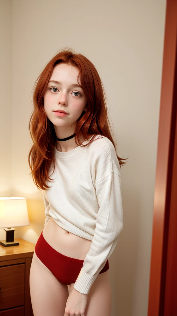 raw photo,close up, (18yo skinny redhead girl:1.2), cheek dimples, blushing, graphic eyeliner, rouge, (lipstick:0.6), (choker:0.9), realistic skin texture, oversize knit sweater, (red:0.8), softcore, warm lighting, cosy atmosphere, instagram style, nsfw , naive, shy, short, thin, fit, beautiful, cute, pale skin