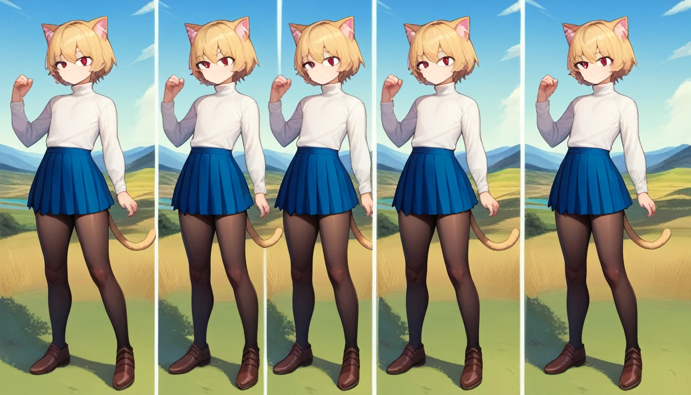 score_9, score_8_up, score_7_up, score_6_up, score_5_up, score_4_up, BREAK, 1boy, solo, necoarc, lit pupils, cat ears, blonde hair, red eyes, :3, turtleneck, blue skirt, pleated skirt, pantyhose, brown footwear, femboy, (dynamic poses), highlight thighs, landscape