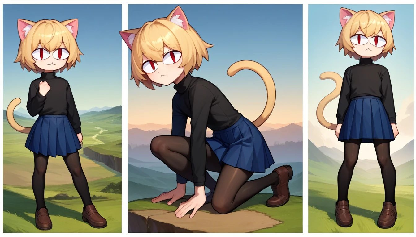 score_9, score_8_up, score_7_up, score_6_up, score_5_up, score_4_up, BREAK, 1boy, solo, necoarc, lit pupils, cat ears, blonde hair, red eyes, :3, turtleneck, blue skirt, pleated skirt, pantyhose, brown footwear, femboy, (dynamic poses), highlight thighs, landscape