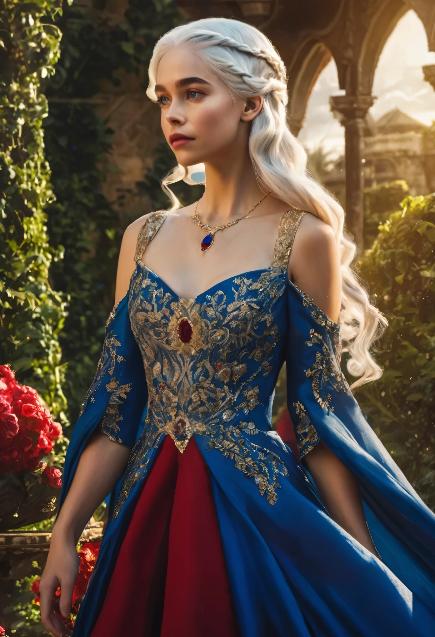 fantasy, Princess Targaryen, in the garden, a girl with white hair, in a red and blue dress embroidered with gold threads of rubies and diamonds, with open shoulders, looks like Natalie Portma, hd