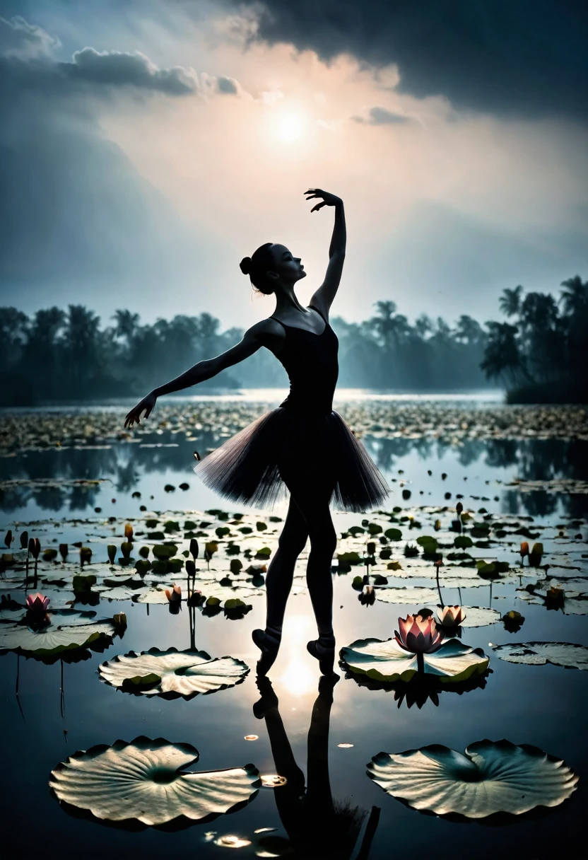 heavy rain,Girl shows black silhouette,Contrast with bright background,ballet silhouette,High contrast,Silhouette ballerina on the lake,lotus, lily pad,Shooting against the light,