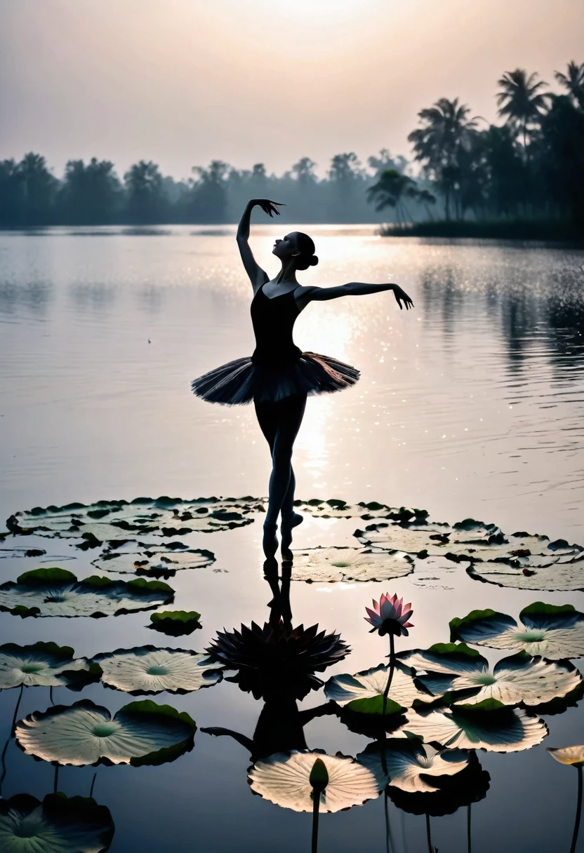 heavy rain,Girl shows black silhouette,Contrast with bright background,ballet silhouette,High contrast,Silhouette ballerina on the lake,lotus, lily pad,Shooting against the light,