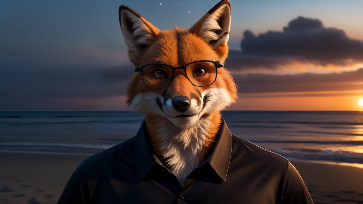 An adult man in his 30s wearing a fox fur suit alone outdoors on the background of a beach smiling at the camera, ((robust)), big arms, Tall Man, arms with black fur, Brown eyes, with glasses, ((black beach shirt, a black short)). On a very clear evening, with very few orange clouds, some islands in the distance