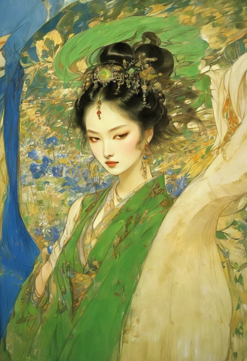 (masterpiece, best quality:1.2), Elegant girl, Striking pose, Exquisite detail features, Sharp eyes, Hooked nose, Sexy lips, Gorgeous clothing, Symmetrical composition, light, Dramatic chiaroscuro, Rich color palette, High contrast, The art of math, Reality，Xianxia，Anatomically correct:2，green，blue