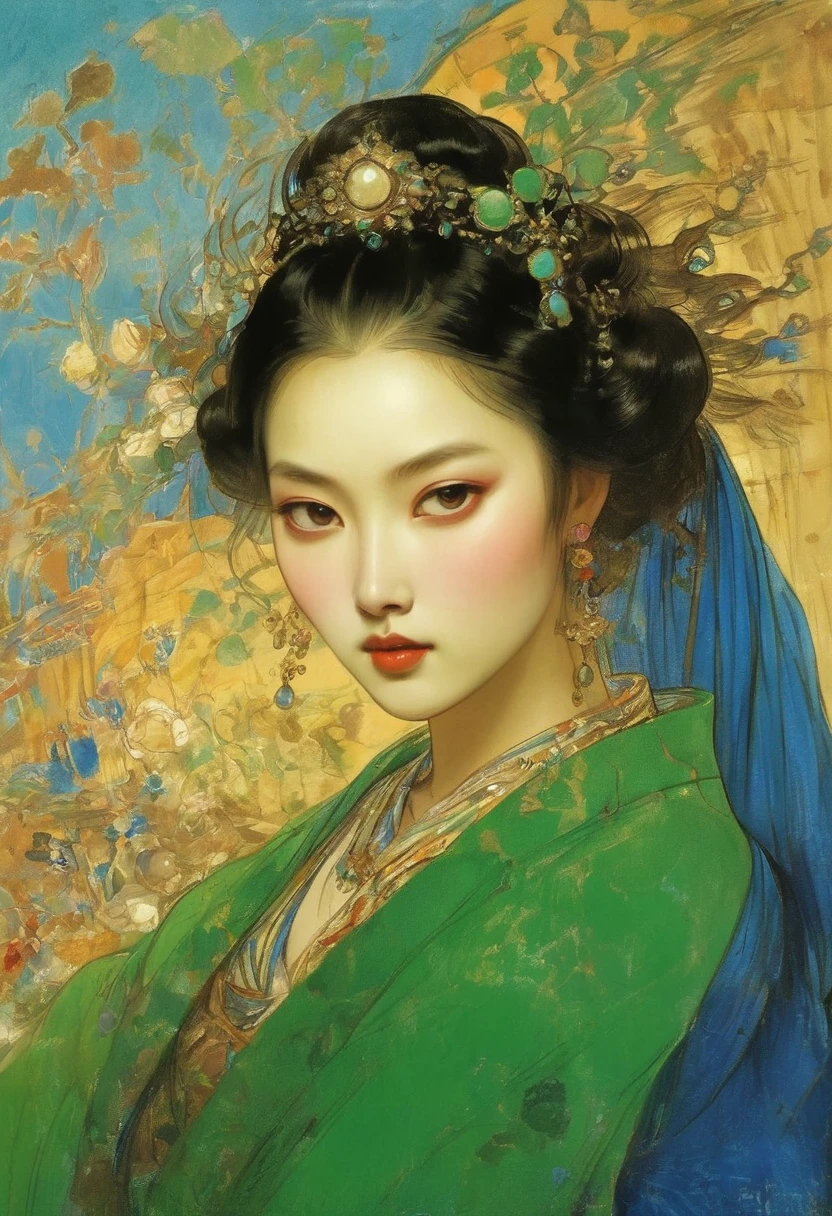 (masterpiece, best quality:1.2), Elegant girl, Striking pose, Exquisite detail features, Sharp eyes, Hooked nose, Sexy lips, Gorgeous clothing, Symmetrical composition, light, Dramatic chiaroscuro, Rich color palette, High contrast, The art of math, Reality，Xianxia，Anatomically correct:2，green，blue