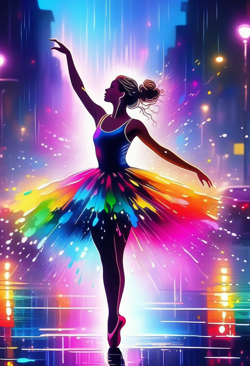 ((Masterpiece)), ((Best Quality)), (Very Detailed), ((Very Detailed)), 4K, (8K), very aesthetic, absurdres highres, A scene in which a ballerina dances in the pouring rain on the streets of a city at night. Rainbow-colored silhouettes are illuminated by neon lights and reflected on the wet pavement. The flow of the dancer's movements and the details of the raindrops are depicted in detail.
