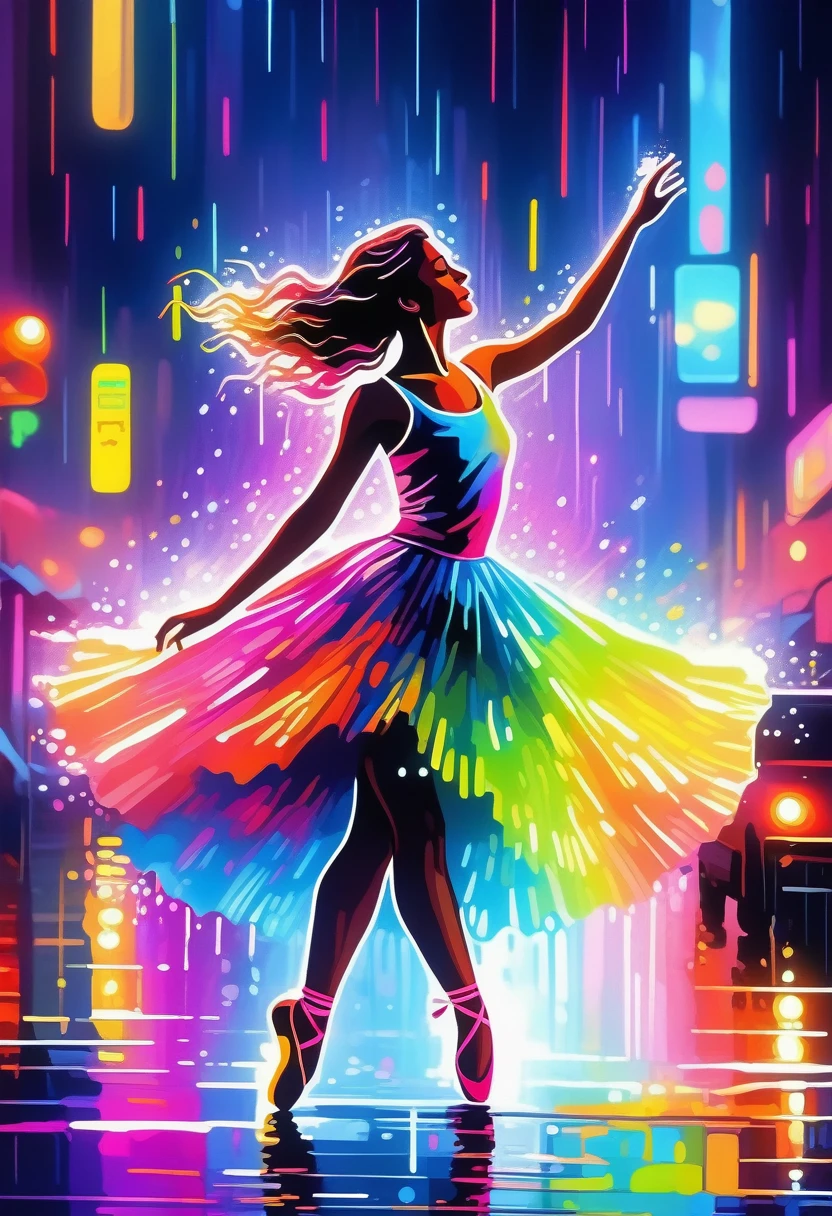 ((Masterpiece)), ((Best Quality)), (Very Detailed), ((Very Detailed)), 4K, (8K), very aesthetic, absurdres highres, A scene in which a ballerina dances in the pouring rain on the streets of a city at night. Rainbow-colored silhouettes are illuminated by neon lights and reflected on the wet pavement. The flow of the dancer's movements and the details of the raindrops are depicted in detail.
