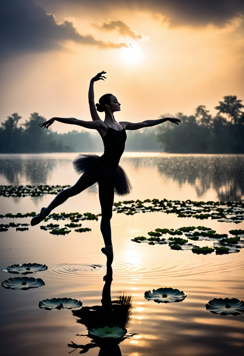 heavy rain,Girl shows black silhouette,Contrast with bright background,ballet silhouette,High contrast,Silhouette ballerina on the lake,lotus, lily pad,Shooting against the light,