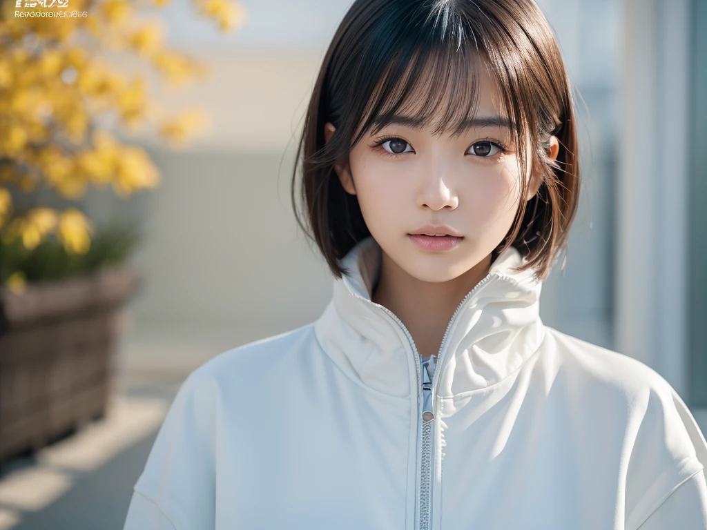 Hyperrealistic portrait of a young Japanese woman in her early 20s, (8k resolution:1.2), (photorealistic:1.3), (ultra-detailed:1.2), perfect facial features, flawless skin, natural makeup, short straight hair, wearing a white jacket, standing indoors against a simple background, soft natural lighting, shallow depth of field, shot on Canon EOS R5, 85mm f/1.4 lens, magazine cover quality, neutral colors, high contrast, sharp focus on eyes, elegant and relaxed expression, high-end production value, retouched by industry professionals, lifelike textures, natural skin tones, perfect composition, model-like proportions, commercial appeal.