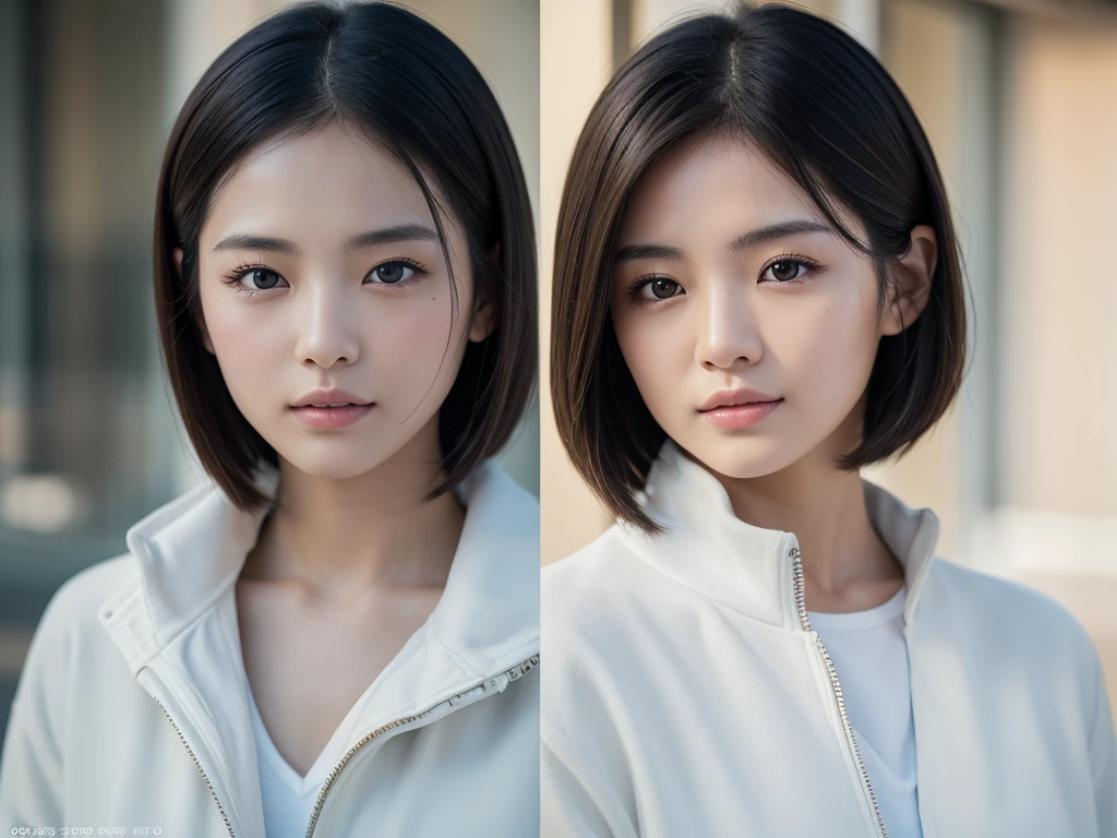 Hyperrealistic portrait of a young Japanese woman in her early 20s, (8k resolution:1.2), (photorealistic:1.3), (ultra-detailed:1.2), perfect facial features, flawless skin, natural makeup, short straight hair, wearing a white jacket, standing indoors against a simple background, soft natural lighting, shallow depth of field, shot on Canon EOS R5, 85mm f/1.4 lens, magazine cover quality, neutral colors, high contrast, sharp focus on eyes, elegant and relaxed expression, high-end production value, retouched by industry professionals, lifelike textures, natural skin tones, perfect composition, model-like proportions, commercial appeal.