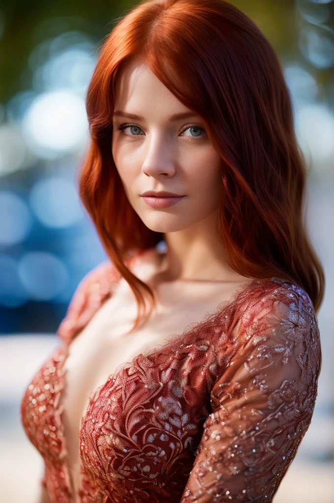 breathtaking cinematic film still headshot of a red head woman, blue filigree, shirt, , shallow depth of field, vignette, highly detailed, high budget Hollywood film, bokeh, cinemascope, moody, epic, gorgeous, film grain, masterpiece, award-winning, professional, highly detailed, detailed skin texture, (blush:0.5), (goosebumps:0.5), subsurface scattering