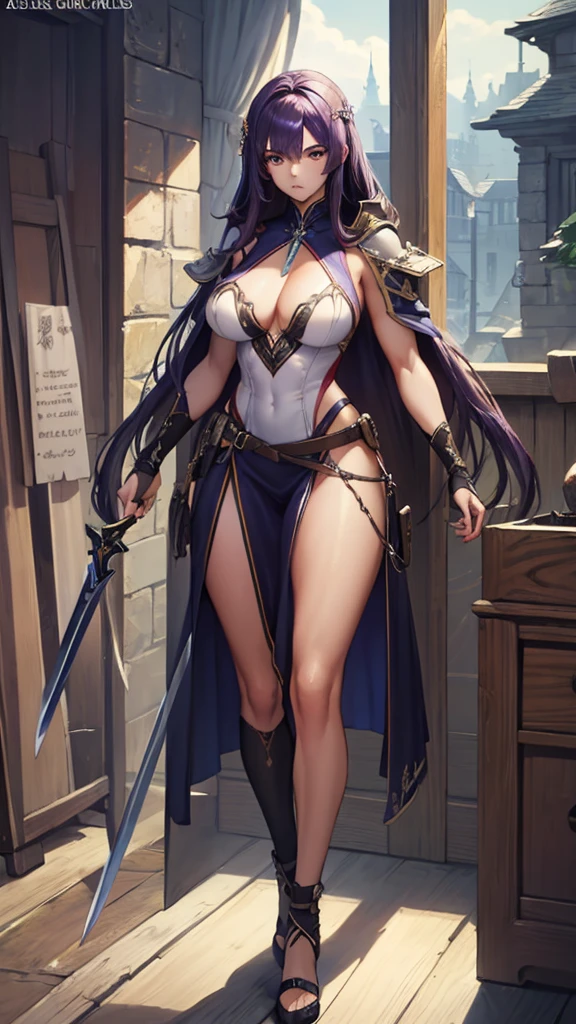(masterpiece, 4K ,Super detailed:1.2), (anime:1), (Perfect quality), The whole body is shown, View Viewer, Holding a sword, Purple Hair, Muscular female warrior, Muscular and ultra violent women, Powerfully々And, epic swordsman, RPG concept art character