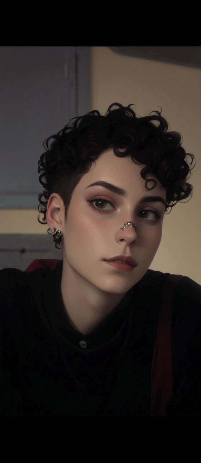 There is a woman with an ear piercing and a nose ring and a black and red shirt, androgynous face, androgynous person, androgynous male, androgynous, ela tem cerca de 20 anos, she has short curly brown hair, goth girl