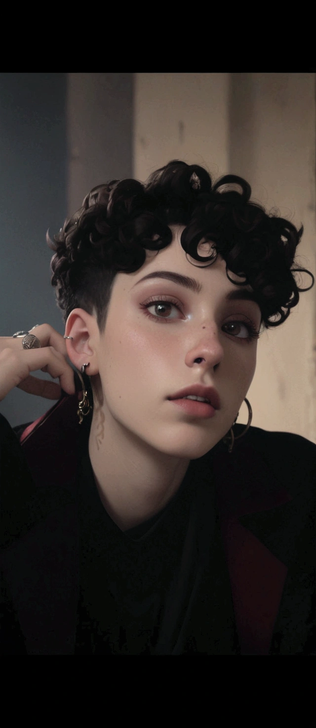 There is a woman with an ear piercing and a nose ring and a black and red shirt, androgynous face, androgynous person, androgynous male, androgynous, ela tem cerca de 20 anos, she has short curly brown hair, goth girl