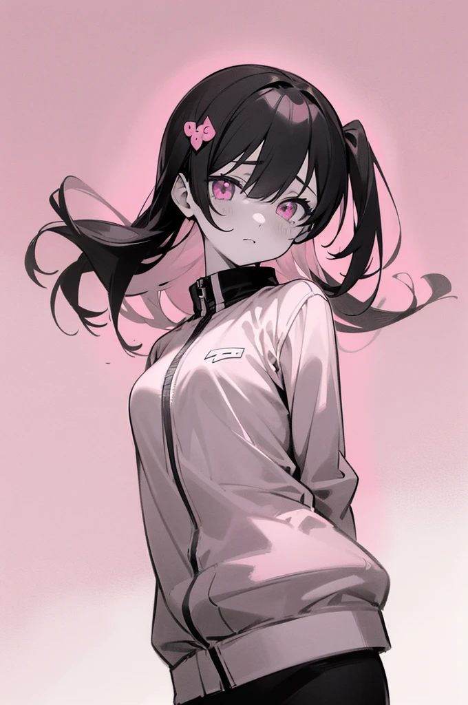 (((colored pink eyes with greyscale background))), (portrait, close-up) (masterpiece, best quality, ultra quality, by mochizuki kei, bocchi), gotoh hitori, 1girl, solo, pink eyes, bangs, white, long hair, hair between eyes, two cube hair ornament, one side up, hair ornament, ((track jacket)), black jacket, pale, pale hair, upper body, standing, looking at viewer, straight, (arms behind back), ((pink background)), simple background, ((monochrome))