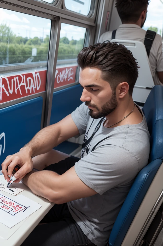 A man making graffiti on a train with PEDRIM written on it