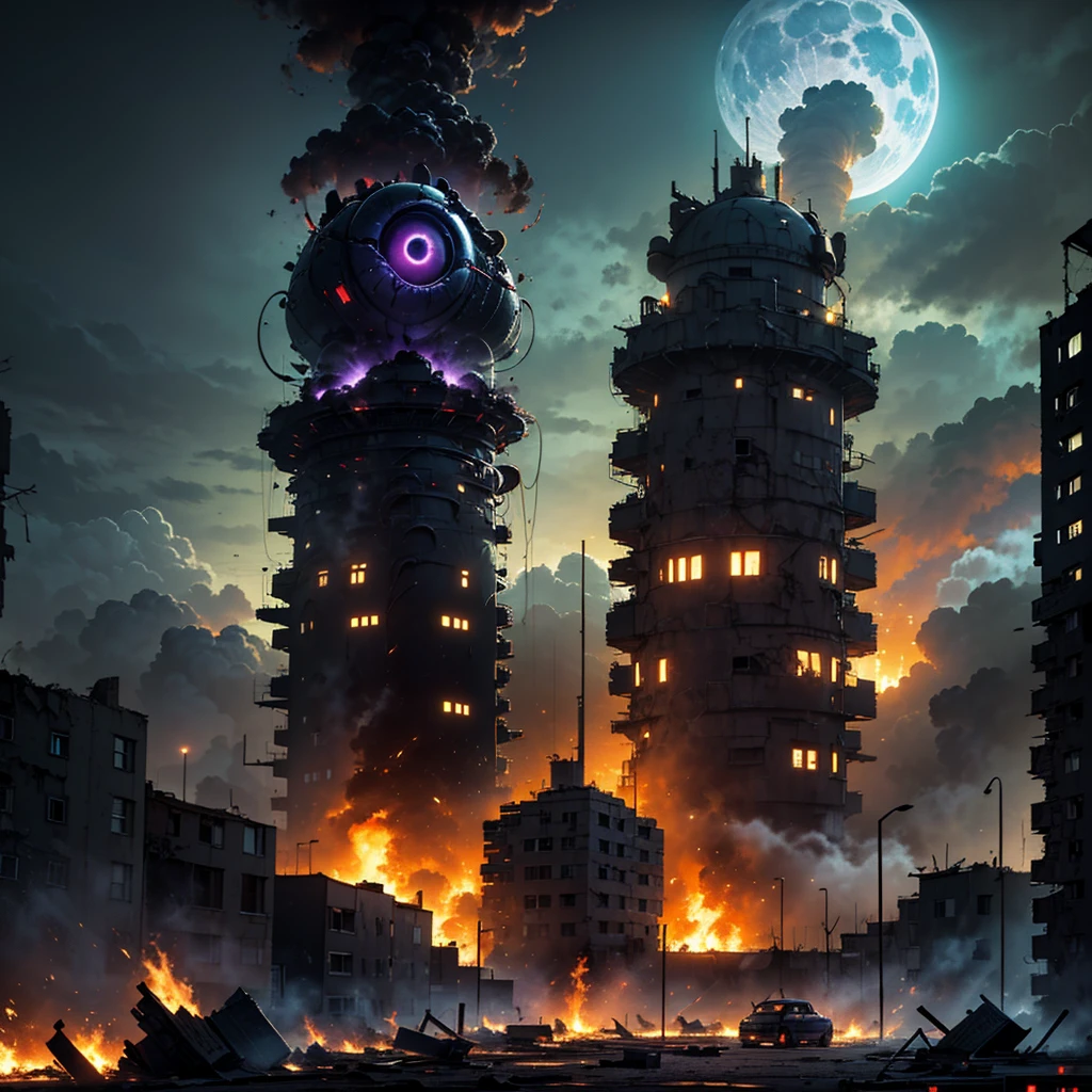 One_eyed，Pixel art(Best quality,4K,8K,A high resolution,Masterpiece:1.2),(Deep black purple,:1.4)Color scheme,Thrilling moments,A huge urban agglomeration with a Soviet aesthetic，,Nuclear explosions and nuclear bomb explosions,(Armageddon)，Dilapidated city，Dilapidated streets,creating a surreal ambiance. Ruined city bathed in moonlight, Cast an eerie glow on the burning smoke hovering in the air.