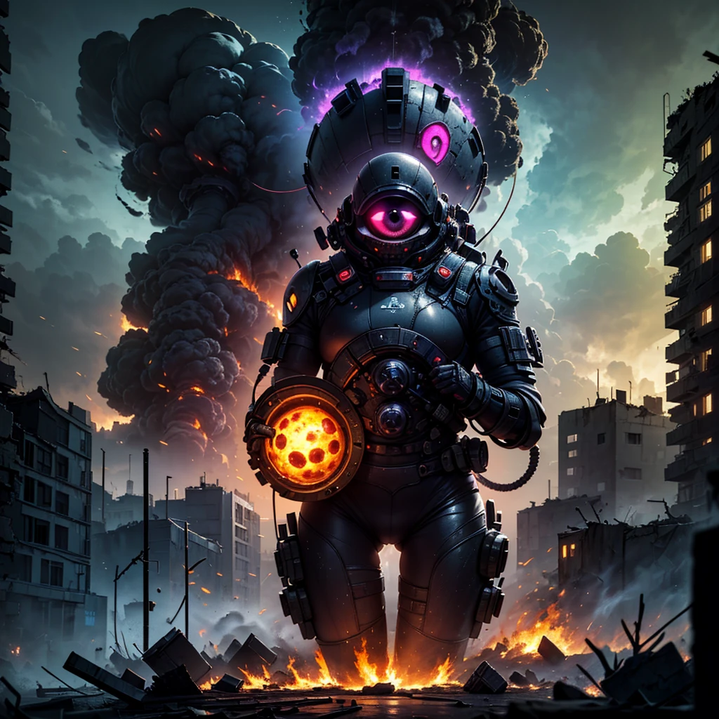 One_eyed，Pixel art(Best quality,4K,8K,A high resolution,Masterpiece:1.2),(Deep black purple,:1.4)Color scheme,Thrilling moments,A huge urban agglomeration with a Soviet aesthetic，,Nuclear explosions and nuclear bomb explosions,(Armageddon)，Dilapidated city，Dilapidated streets,creating a surreal ambiance. Ruined city bathed in moonlight, Cast an eerie glow on the burning smoke hovering in the air.