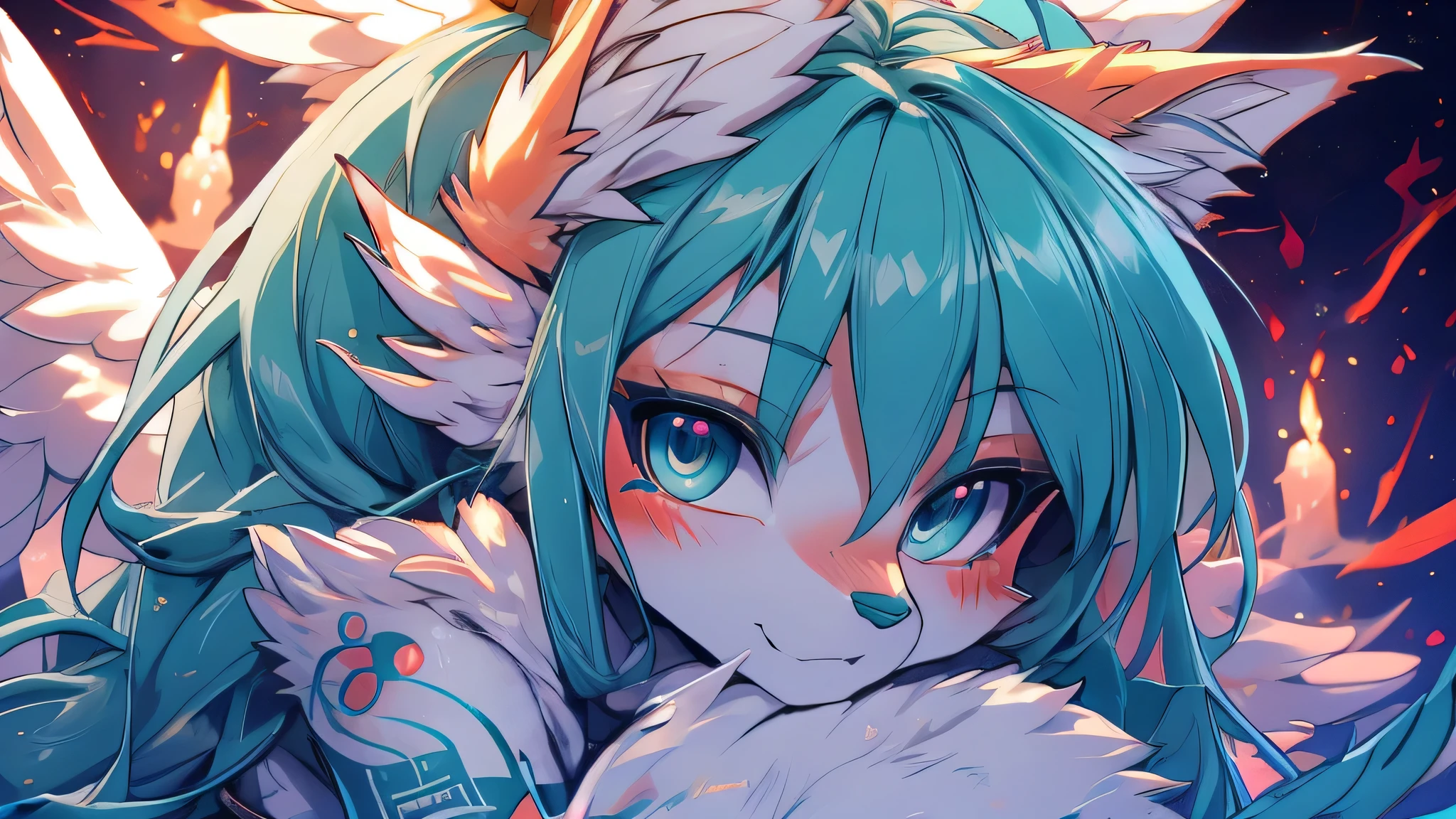 Miku Hatsune, add high definition_detail:1, blue fur,kitsune ears, tribal tattoo add_detail:1, in heaven add_detail, angelical girl, angel wigns add_detail, angelic yokai kitsune,