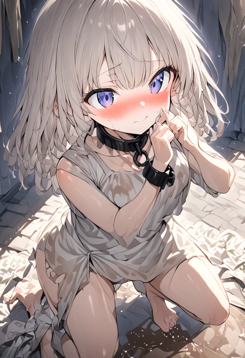 Anime. 1Girl. Cutie. Slave. Dirty tunic. Torn tunic. Slave collar. Shackles. Barefoot. Cold. Runny nose. Nasal mucus. Snot flows from the nose. Sneeze. Sneezing. Strong, desperate desire to sneeze. She sneezed. Snot flowed from the nose when sneezing. Handkerchief. Cover your nose with your hand. Blows his nose. Urinary incontinence. Urination. Urine. Strong urge to pee. She pees on the floor. She peed herself. Diarrhea. Defecation. Poop. Strong desire to poop. She pooped in her panties. She shit herself. Standing. Slave market. Sneezing fetish. Omorashi. Scat. Full height. Whole body. A high resolution. Ultra resolution. (Hand between legs, leaning forward:1.3), (shaded face, despairing, anxiety, sigh, full face blush, embarrassed, looking away:1.5), (girl can't stand up straight:1.5), (full body:1.2), (ultra detailed face, best quality:1.5), (from side:1.1)