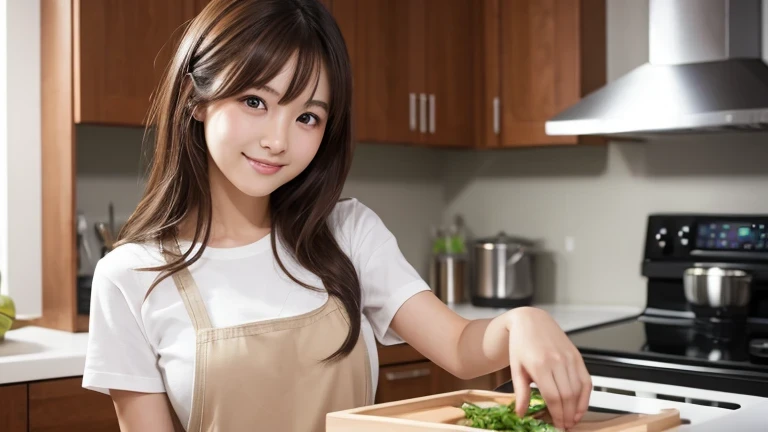 Produce the highest quality and highest resolution 8K images。Please draw the whole body of a 20 year old Japanese woman.。Please draw a scene of you cooking in your kitchen at home.。She has brown eyes and a model figure.、She has an idol-level cute face.。The hair is wavy。Looking at you with a smile。Skin has a healthy color。