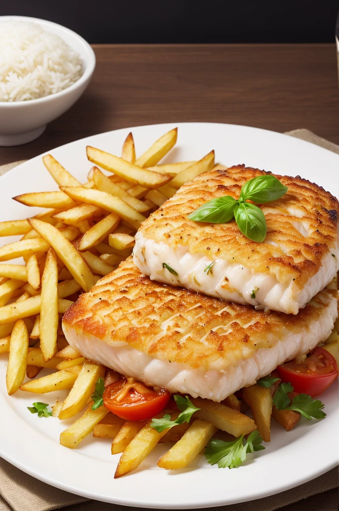 Create a sophisticated image of a dish of fish fillet and parmigiana with rice and fries 