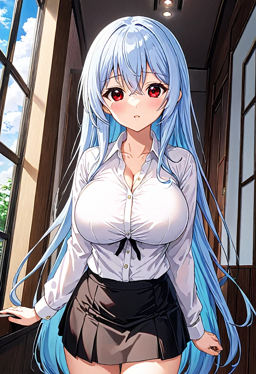 My name is Yukiko.I am a white test woman with long Sky blue hair,red eye color.I am 1.62 cm tall . My  measure 200 cm, my waist 40 cm and my  200 cm. Dressed in a low-cut white formal  shirt and a short black skirt  . With  200 cm