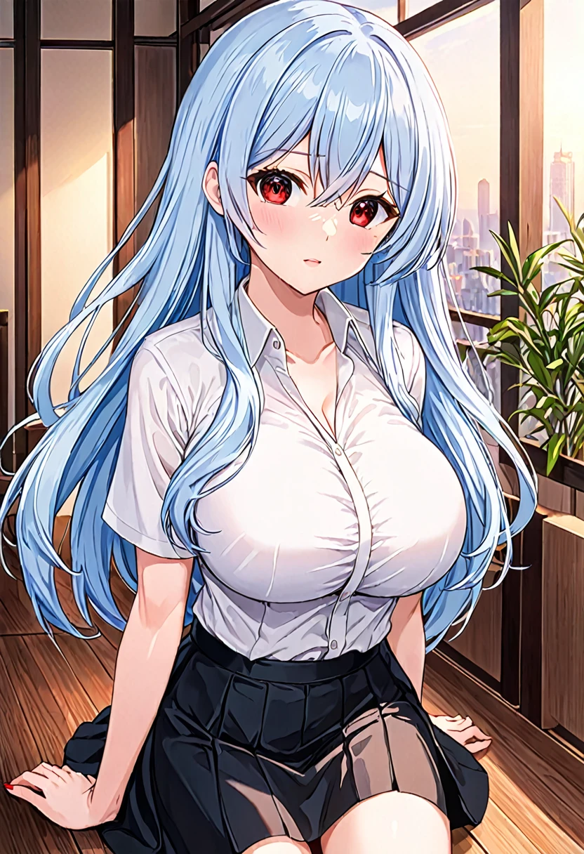 My name is Yukiko.I am a white test woman with long Sky blue hair,red eye color.I am 1.62 cm tall . My breasts measure 200 cm, my waist 40 cm and my hips 200 cm. Dressed in a low-cut white formal shirt and a short black skirt . With big breasts 200 cm