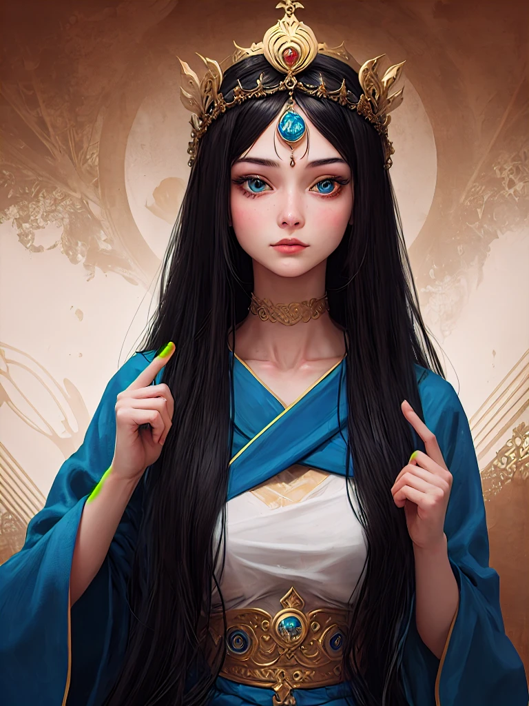 Blue robes, Bodhisattva crown, heterochromia, long black hair, girl