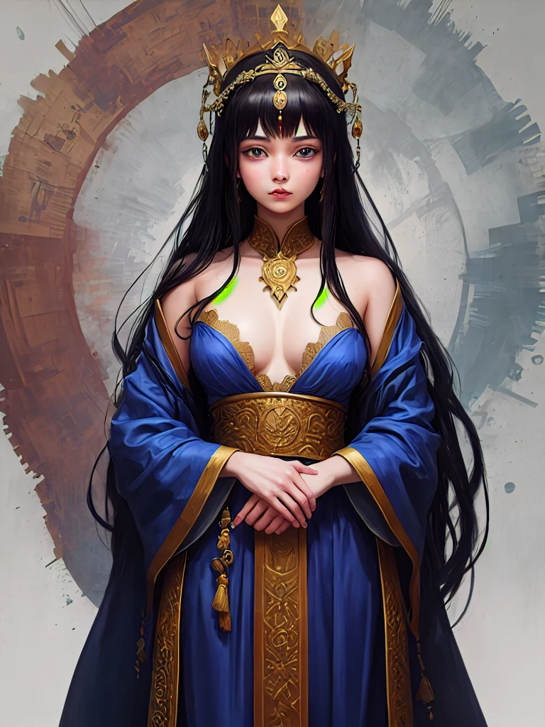 Blue robes, Bodhisattva crown, heterochromia, long black hair, girl