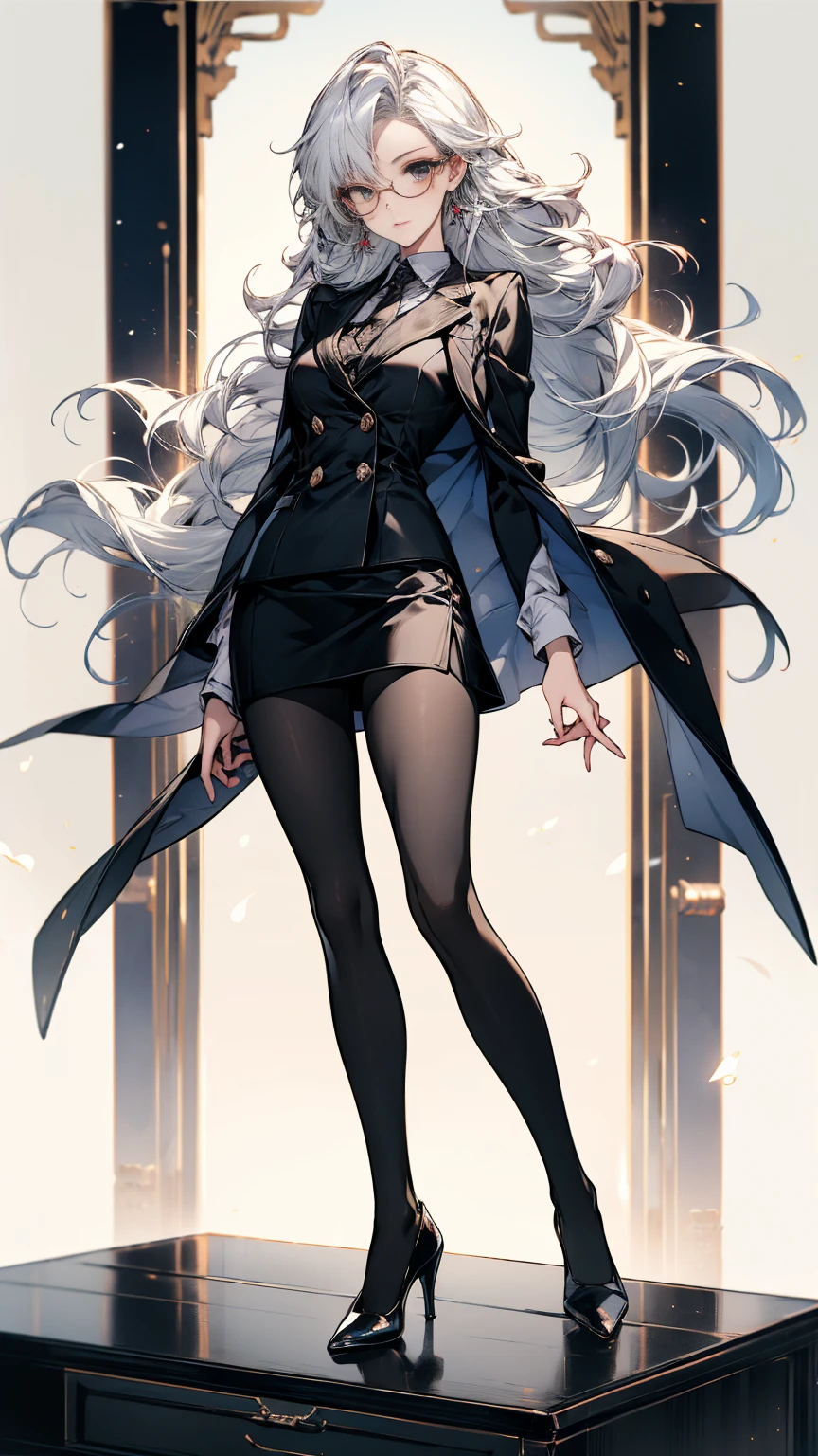 Domineering female president，Slim，White hair，长White hair，in office，full-body shot，Black pantyhose，High heel，wear glasses，Long Law，High target，Wearing a black suit，Short skirt