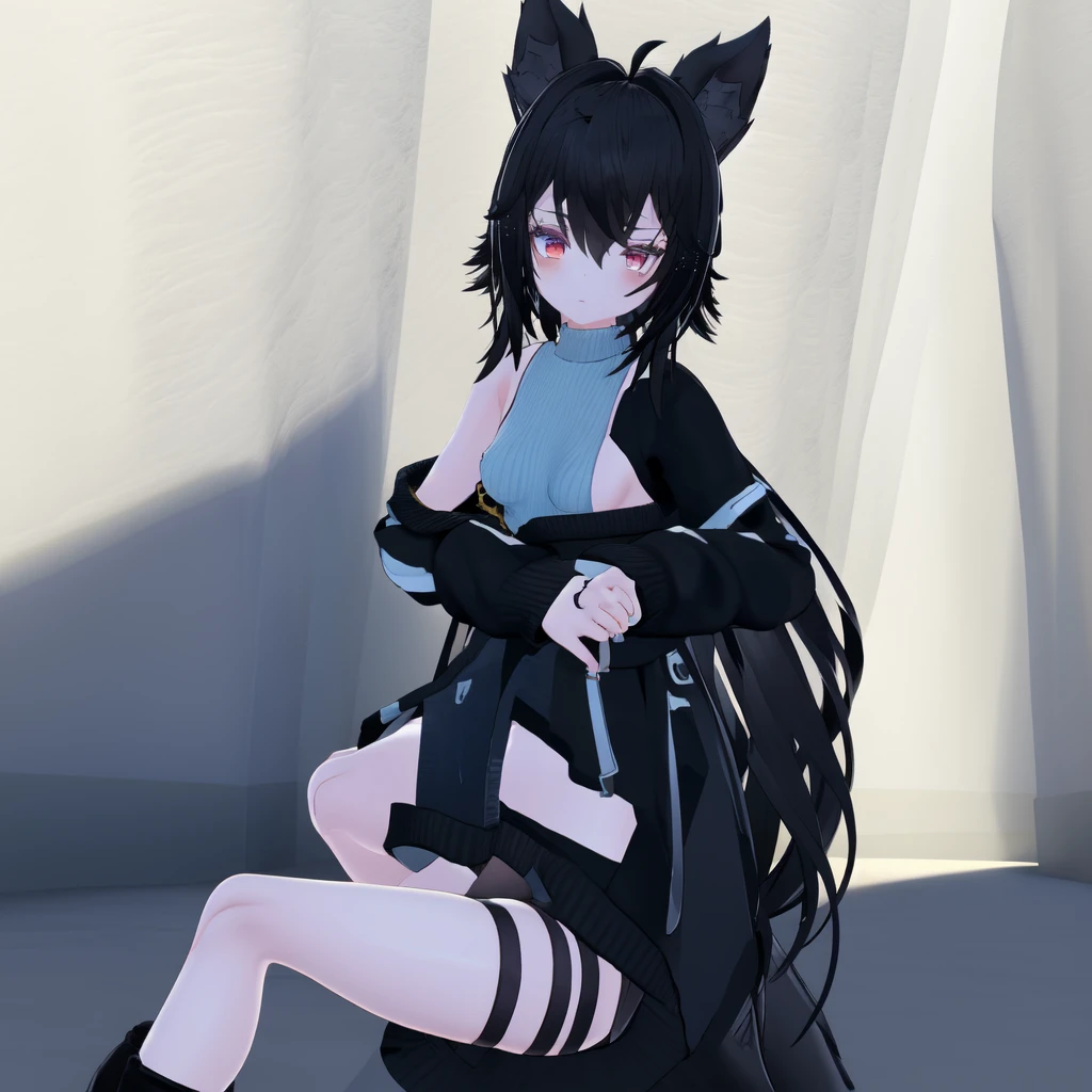 score_9, score_8_up, score_7_up, score_6_up, score_5_up, score_4_up, BREAK 1girl, black hair, messy hair, red eyes, seductive expression, blunt bangs, short, BREAK solo, small breasts, skinny, arched back, thigh gap, innocent, lovely, adorable, long hair, bedroom background, sitting on sofa with legs crossed,