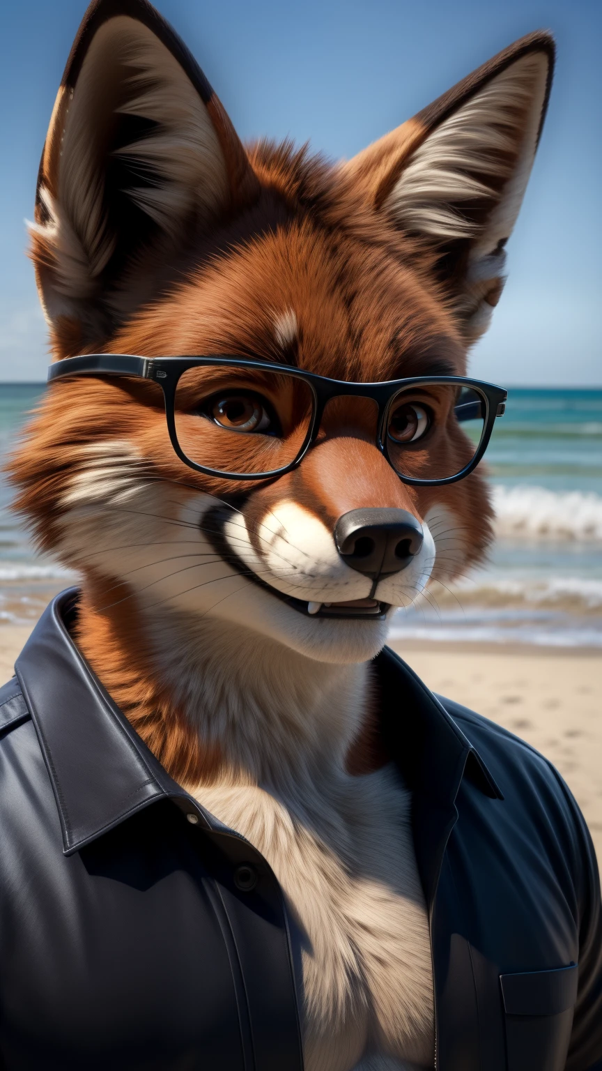 An adult man in his 30s wearing a fox fur suit alone outdoors on the background of a beach smiling at the camera, wide torso, Brown eyes, with glasses, black Hawaiian shirt, a black short