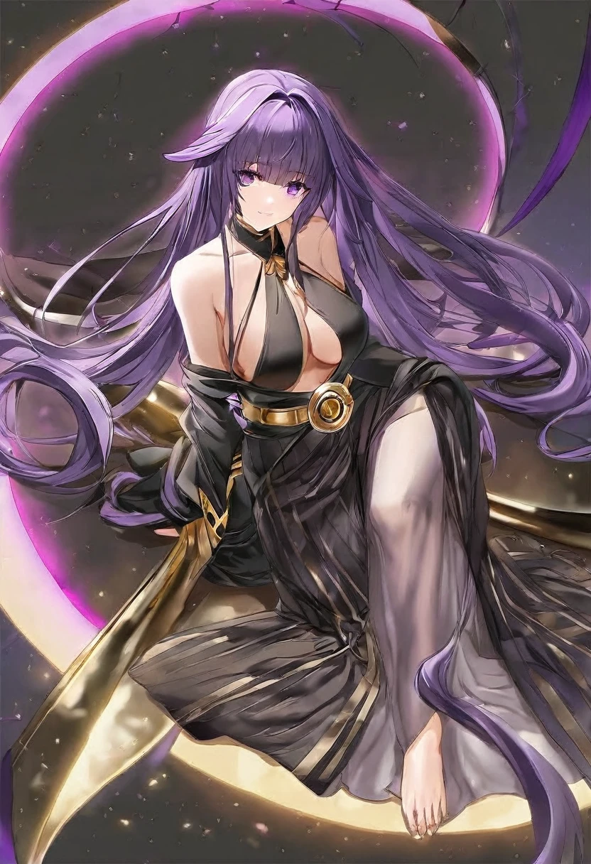 Athena,Extra long purple hair,Purple Eyes,Wearing black silk,Purple long skirt,Black long skirt,Decorated with gold stripes,But the long skirt is very sexy and revealing,barefoot,People want to rely on,Sitting posture,The background is a black hole in the universe,Purple and black black hole