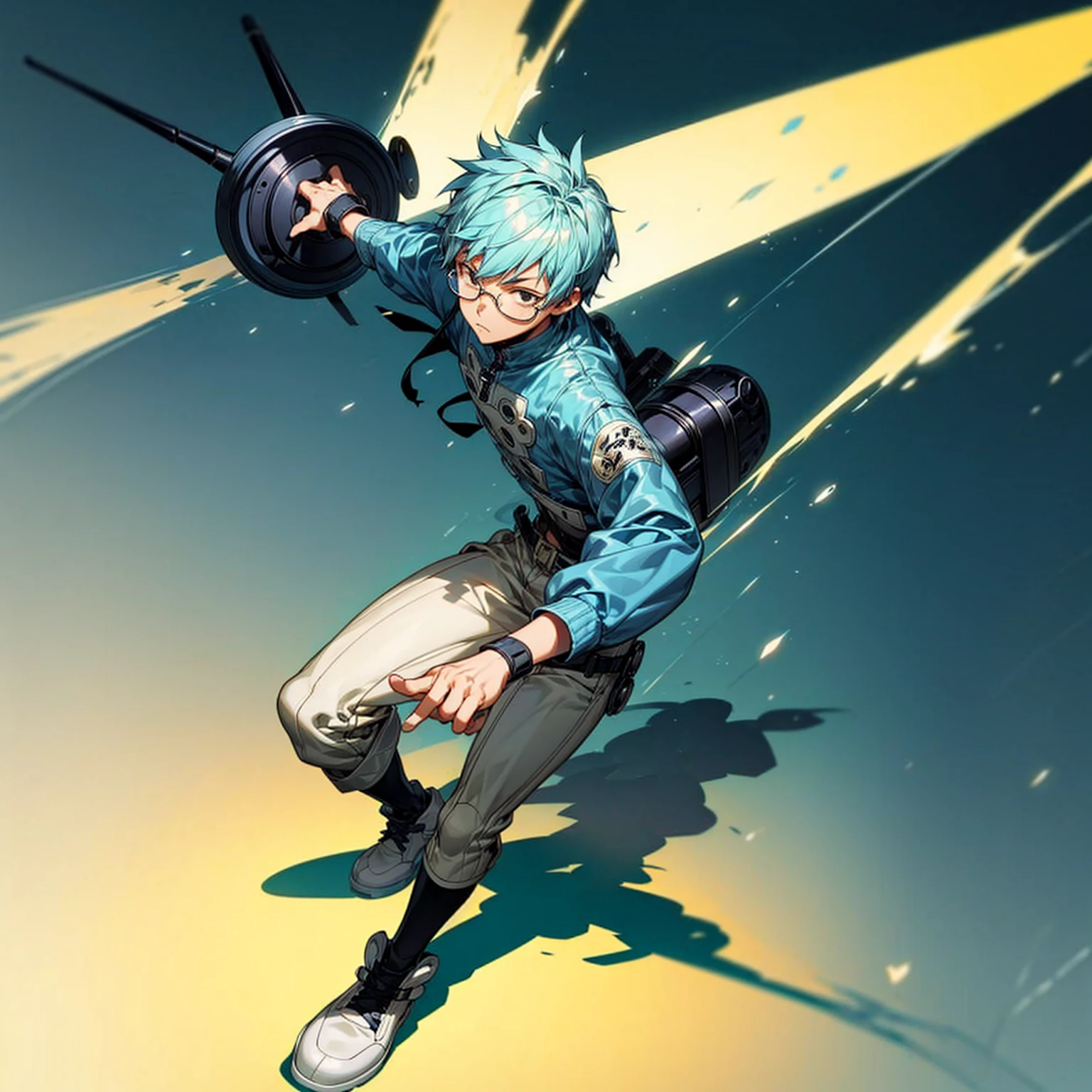 1boy, Full body version, 1character, black eyes color, tan skin, shortcut hairstyle, light blue colour hair, Glasses, streetwear style clothing, boots, Grassroots background in field city, motion blur, shadow, robot weapon in hand, (one piece style art)