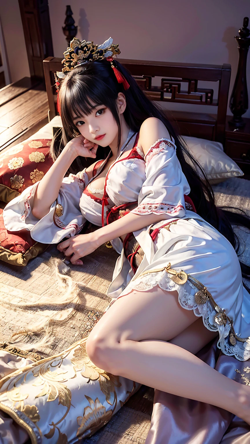Chinese ancient style,18-year-old beauty,Quiet,Lie on your stomach at the head of the bed,blushing,Expression,Long legs,White lace hanfu,Dark background,Sexy bra,Ancient style house,Large bust,Depiction,enchanting。Masterpiece,8K,Very close observation,细致Depiction
