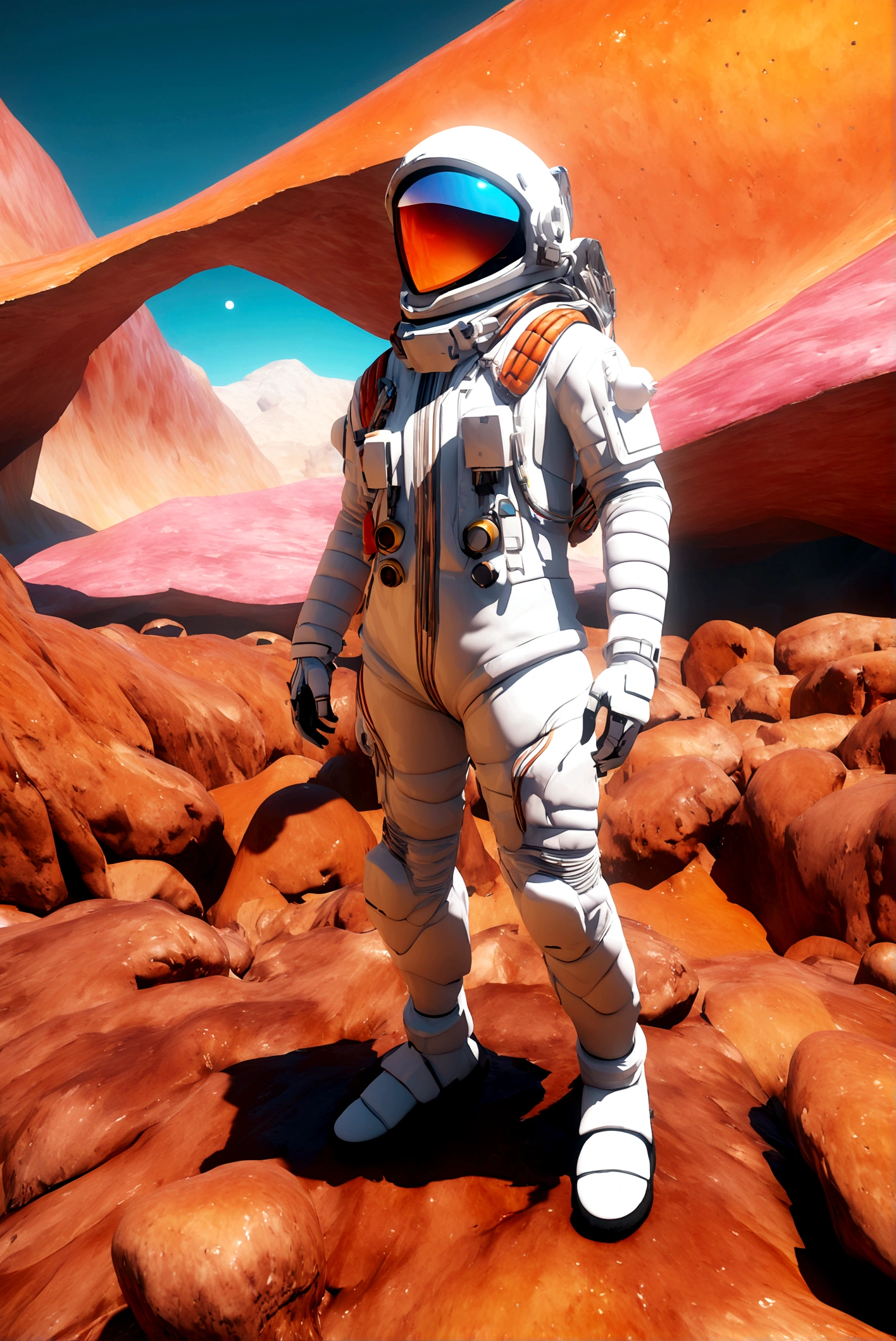 mj3d style,3dmm,3d,(masterpiece, best quality:1.1),  highly detailed and vibrant illustration of an astronaut standing in an alien landscape, inspired by the art style of Killian Eng. The scene features surreal, otherworldly rock formations with intricate textures and bold color contrasts, including shades of neon orange, blue, and pink. The astronaut is wearing a retro-futuristic spacesuit with a reflective helmet, standing amidst strange, alien flora. The background includes a dramatic sky with celestial elements like moons and distant stars. The overall composition is richly detailed, with a mix of science fiction and surrealism, evoking a sense of adventure and exploration.