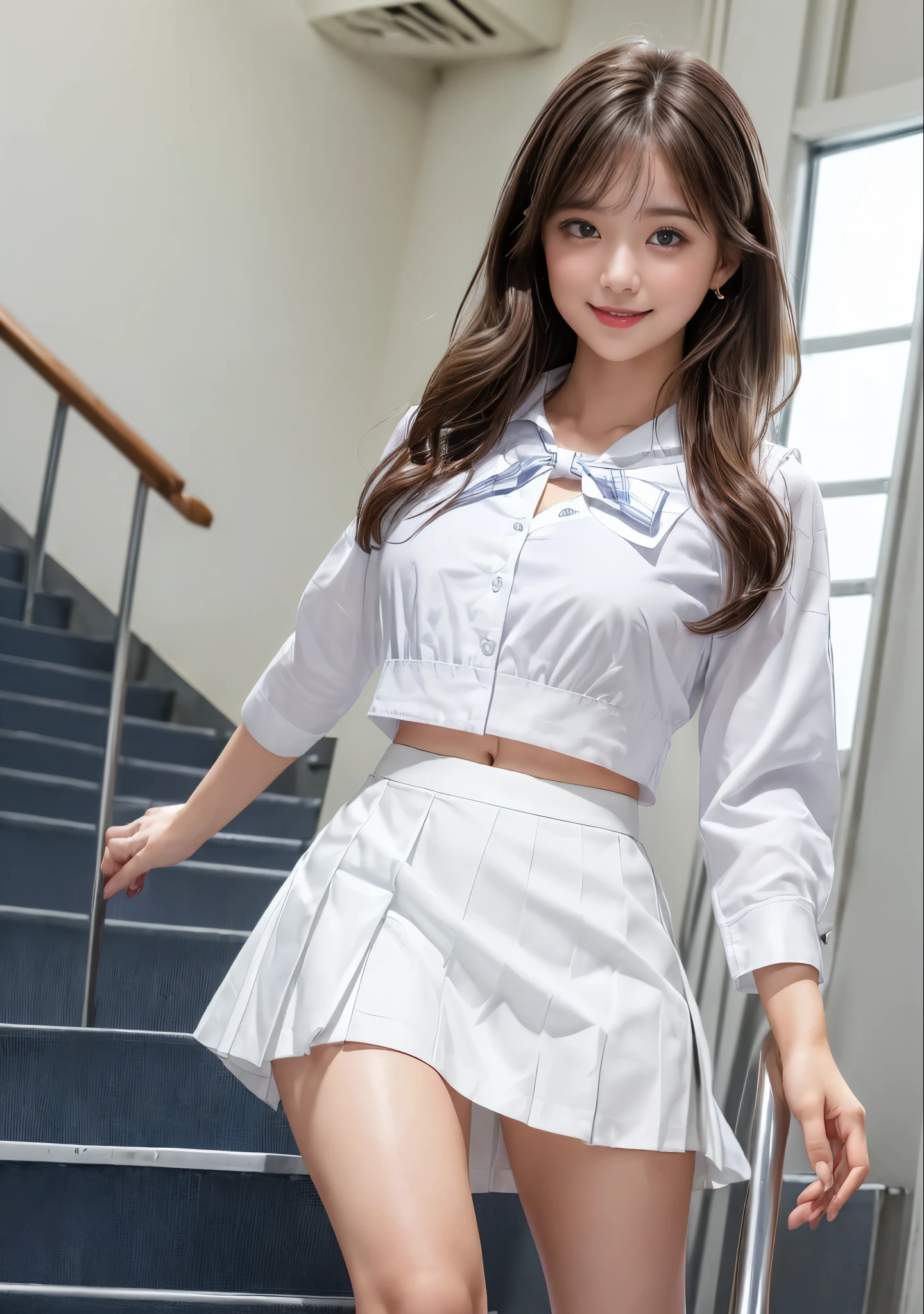 ((High school girl running down the stairs at school))、The background is the classroom window.、(White blouse)、Red bow tie、((Dark blue checked skirt))、8K,、Ultra-high resolution、Detailed Description、photograph,、Tabletop、Highest quality、((Beautiful Eyes、Girl in a shortcut、Brown Hair、Straight Hair、White skin,、((Large bust : E Cup))、(((White blouseのボタンをはずしてブラジャーを披露する)))、Various poses、((Center of chest : 1.1))、Highest quality、Tabletop,、Ultra-high resolution,、(Realistic:1.4)、RAWphotograph、(Perfect figure)、 (slim:1.3)、slimな腹部、Perfect slim figure、Dynamic pose、alone、Cold Light 12000K、(Realistic skin)、 charm、Ultra-high resolution、 超Realistic、Very detailed、(手でLift up the skirt)、(Inviting face)、 (Realistic skin)、妖艶なcharm、Ultra-high resolution、超Realistic、Very detailed、(Skirt flip)、(Lift up the skirt)、(White panties are visible)、(smile)、Full Body Shot、((From below)),
