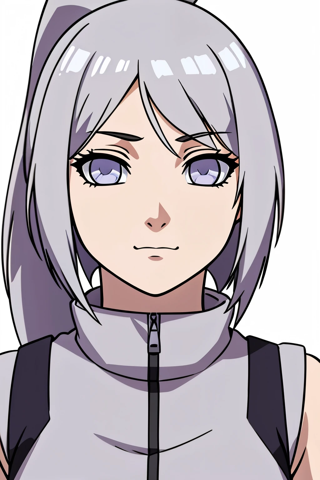 (high-quality, breathtaking),(expressive eyes, perfect face) portrait, Symmetrical Eyes, 1girl, female, solo, ager, white hair, white coloured eyes, byakugan, naruto art style, long hair, fluffy hair, feminine face, grey background, detailed eyes, hyuga, Ōtsutsuki, naruto ninja attire, neutral expression, soft smile, purple and black clothing, white trim, ponytail, sleeveless vest