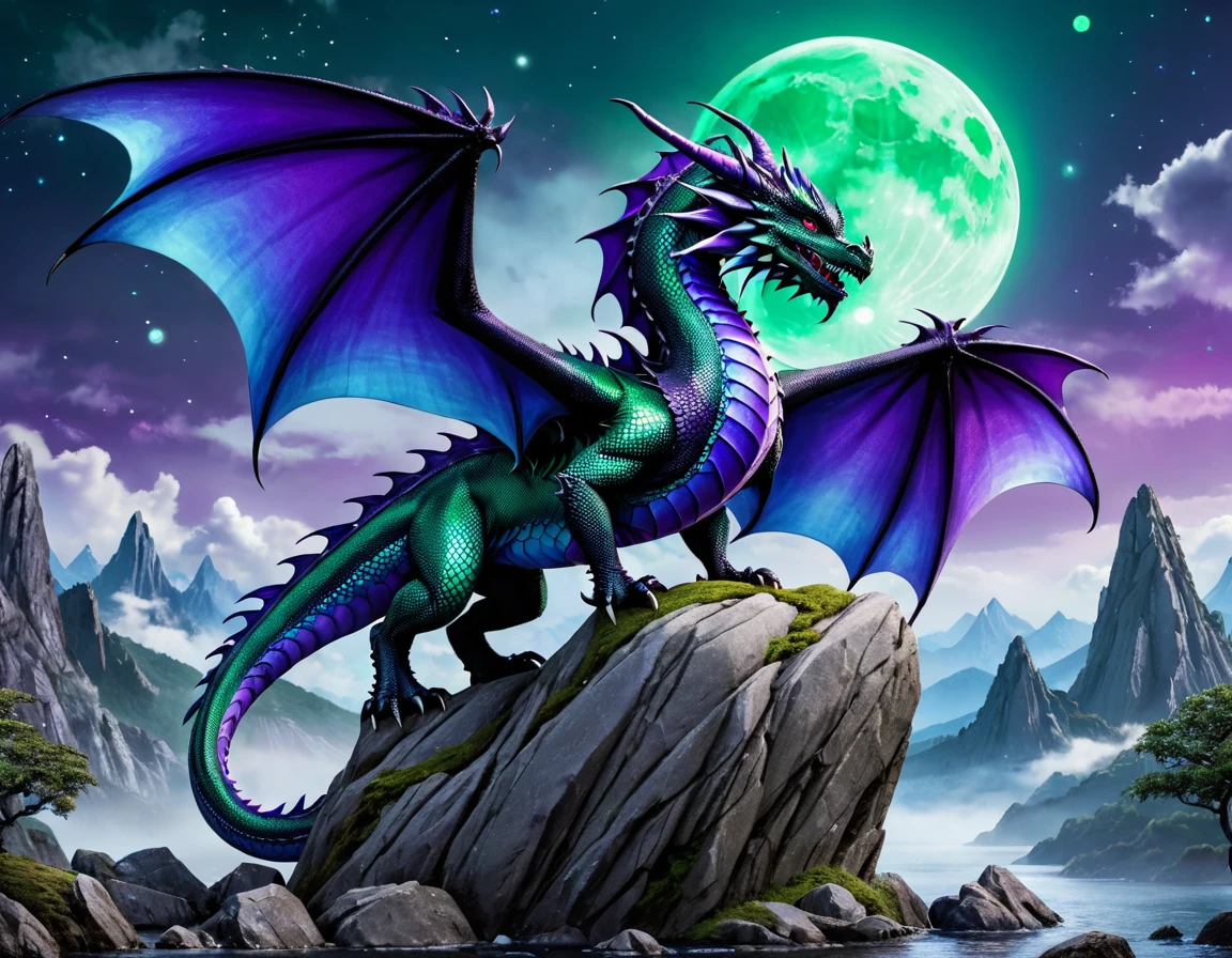 Purple and blue dragon standing on rock，The moon in the background, Very cute purple dragon, Majestic gothic dragon, Epic dragons, dragon art, Set against the backdrop of a dragon, a majestic gothic indian dragon, Extraterrestrial Dragon, Dragon in the background, Legendary Dragon, Green scale dragon, European Dragon, Detailed dragon, Crystal Dragon, dra the dragon, Storm Dragon, Black Dragon