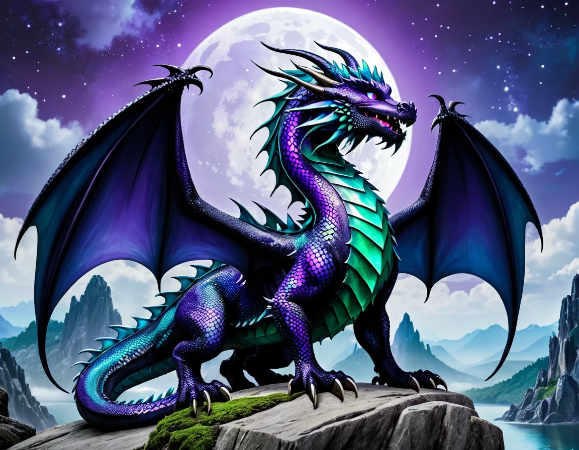 Purple and blue dragon standing on rock,The moon in the background, Very cute purple dragon, Majestic gothic dragon, Epic dragons, dragon art, Set against the backdrop of a dragon, a majestic gothic indian dragon, Extraterrestrial Dragon, Dragon in the background, Legendary Dragon, Green scale dragon, European Dragon, Detailed dragon, Crystal Dragon, dra the dragon, Storm Dragon, Black Dragon